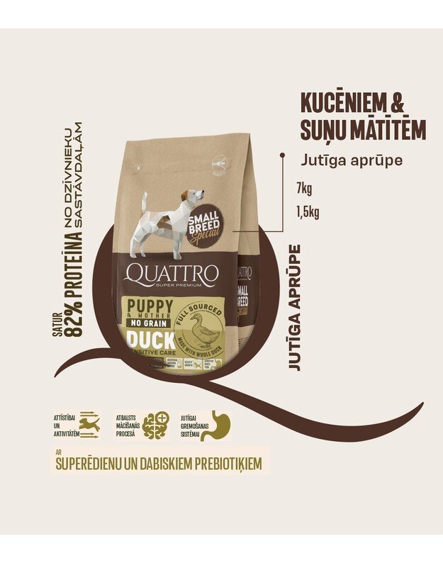 Quattro bezgraudu sausā barība visu šķirņu kucēniem ar pīli 3kg 1