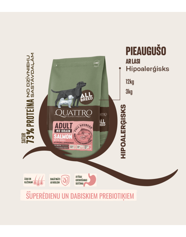 Visu šķirņu pieaugušo suņu barība bez graudiem ar lasi un krilu 3 kg