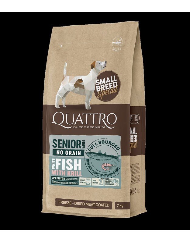 Quattro SB diētiska sausā barība maza auguma suņiem Senioriem ar balto zivi un krilu 1,5kg