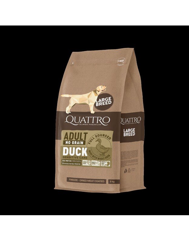 Quattro bezgraudu sausā barība liela auguma suņiem ar pīli 3kg 2