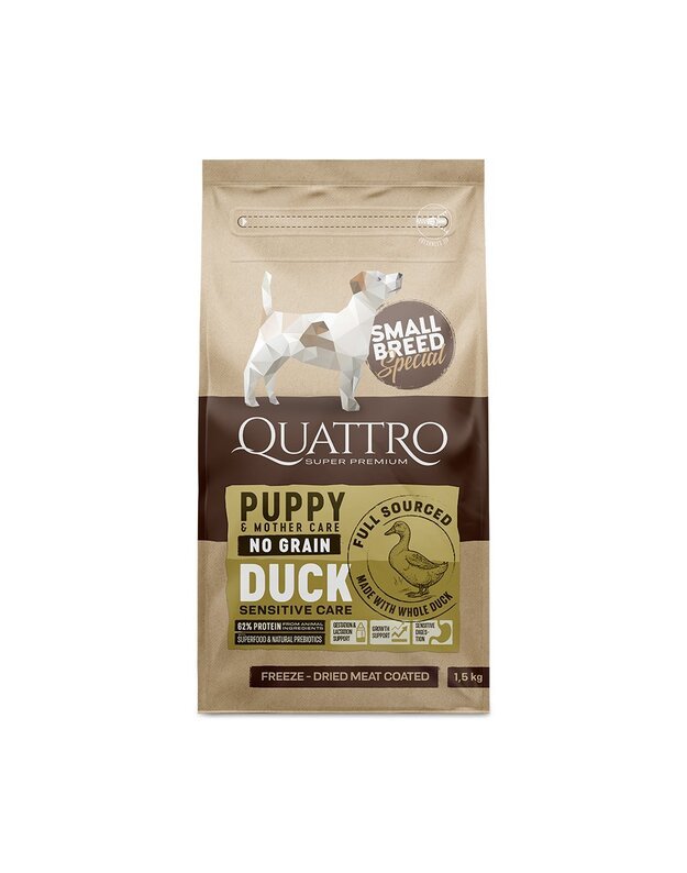 QUATTRO Mazo šķirņu Puppy & Mother care sausā bezgraudu barība ar pīli 7kg