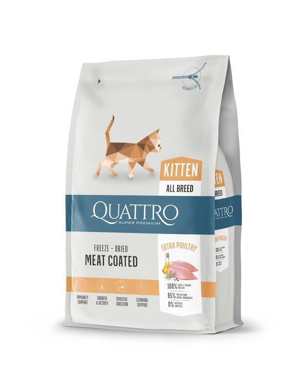 QUATTRO cat extra mājputnu gaļa vai gaļa, sausā kaķu barība 1,5kg